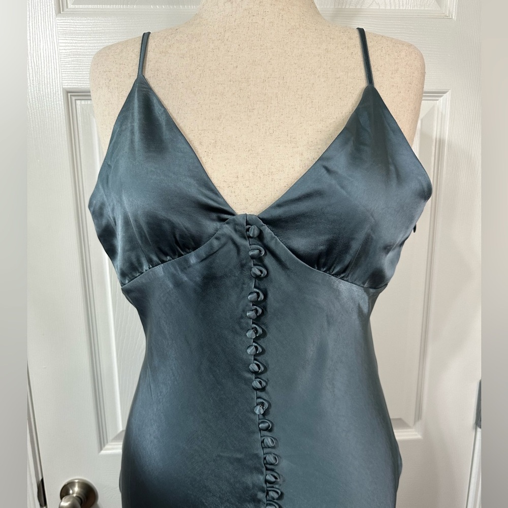 Dress Forum Gray Blue Satin Maxi Dress Silk spaghetti straps zip up faux button - Picture 12 of 16